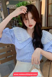 Short Sleeve Peter Pan Collar Plaid Blouse Shirt