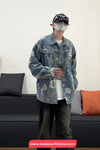 Long Sleeve Retro Flowers Pattern Denim Jeans Jacket