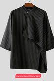 Black pinstripe shirt on a hanger with a gray background and brand name at the bottom.