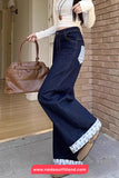 High Waist Bow Plaid Patchwork Jeans Pants