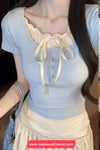 Fake Two Piece Style Bow Patchwork Casual Cropped Slim Shirt