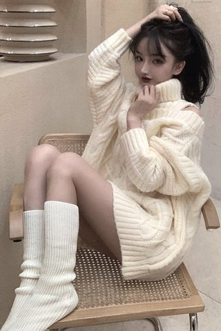 Sexy Off Shoulder Solid Turtleneck Knitted Sweater