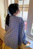 Long Sleeve Bow Lace Up Ruffled Blue Plaid Blouse Shirt