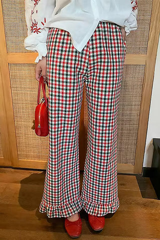 Loose Retro Plaid Ruffled Length Pants