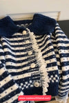 Long Sleeve Lapel Collar Lace Patchwork Striped Cardigan Sweater