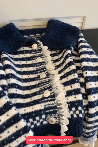 Long Sleeve Lapel Collar Lace Patchwork Striped Cardigan Sweater