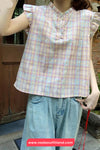 Cute Sleeveless O-Neck Plaid Blouse Shirt