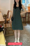 Green Plaid Slash Neck Sleeveless Summer Dress