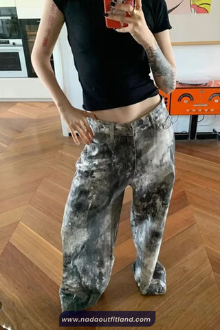 High Waist Retro Tie Dye Pattern Jeans Pants
