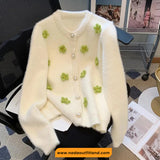 Long Sleeve 3D Flowers Pattern O-Neck Cardigan Sweater