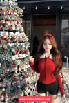 Long Sleeve Polka Dot Collar Red Cardigan Sweater
