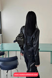 Long Sleeve Cropped Leather Black Jacket