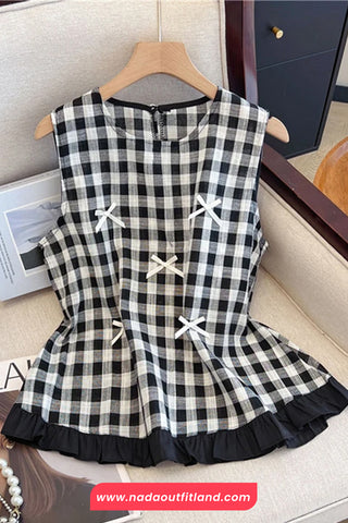 Cute Bow Sleeveless Retro O-Neck Ruffles Shirt