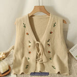 V-Neck Bow Tie Flower Embroidered Knitted Vest Sweater