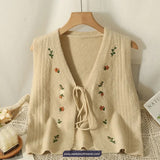 V-Neck Bow Tie Flower Embroidered Knitted Vest Sweater