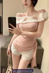 Slash Neck Off Shoulder Butterfly Design Irregular Shirt