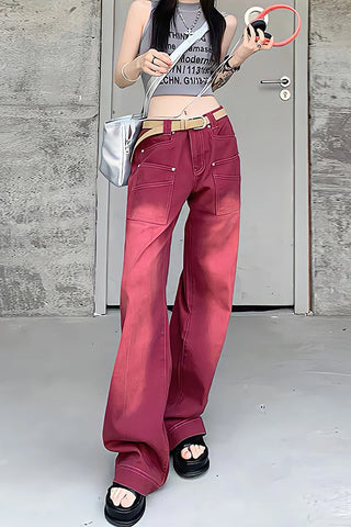 High Waist Retro Washed Red Jeans Pants