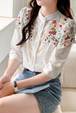 Long Sleeve Stand Collar Flower Embroidered Blouse Shirt