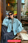 Long Sleeve Stand Collar Simple Blue Zipper Jacket