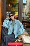 Long Sleeve Stand Collar Simple Blue Zipper Jacket