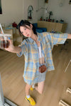 Short Sleeve Cute Yellow Blue Plaid Blouse Shirt