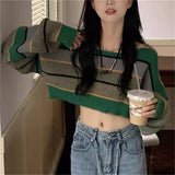 Long Sleeve Sexy Green Striped Cropped Sweater