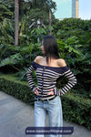 Long Sleeve Striped Slash Neck Cropped Cardigan Sweater
