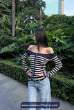 Long Sleeve Striped Slash Neck Cropped Cardigan Sweater