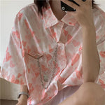 Short Sleeve Turn Down Collar Loves Pattern Blouse Shirt