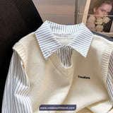 Beige knitted vest with striped collar and 'Transform' branding on a black background.