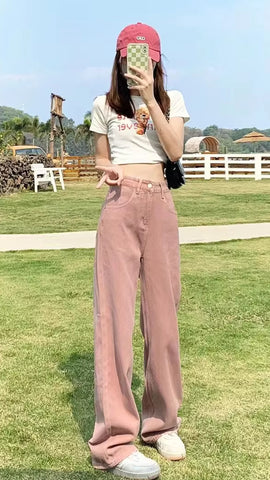 High Waist Pink Colors Long Jeans Pants