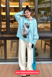 Long Sleeve O-Neck Cute Cat Blue Sweater