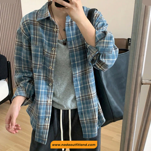 Long Sleeve Blue Plaid Classic Blouse Shirt
