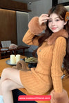 Long Sleeve Fur Collar Vintage Knitted Mini Dress