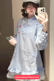 Turn Down Collar Flower Embroidered Lace Patchwork Striped Long Dress