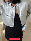 Long Sleeve Cropped Silver Leather Jacket
