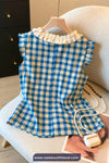 Short Sleeve Lace Collar Blue Plaid Floral Pattern Blouse Shirt