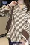 Long Sleeve Coffee Colors Striped Elegant Blouse Shirt