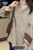 Long Sleeve Coffee Colors Striped Elegant Blouse Shirt