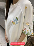 Short Sleeve Garden Flower Embroidered O-Neck Shirts