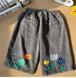 Retro Flowers Cartoon Back Printed Denim Shorts