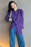 Retro Purple Striped Blouse Shirt – Cozy Vintage Everyday Essential
