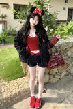 Upgrade your Y2K Streetwear Aesthetic with this 2-Piece Black Denim Jacket with Mini Denim Shorts Set. The ultimate essential for baddie festival outfits, matching double-black denim co-ord trends, and effortless night-out styling lookbooks. Featuring a flattering cropped trucker jacket and high-waisted frayed micro shorts, this matching set is a must-have for your Going Out Outfits or Grunge Clothing