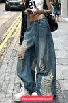 Loose Hole Ripped Vintage Jeans Pants