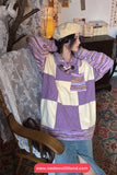 Long Sleeve Turn Down Collar Knitted Purple Plaid Sweater