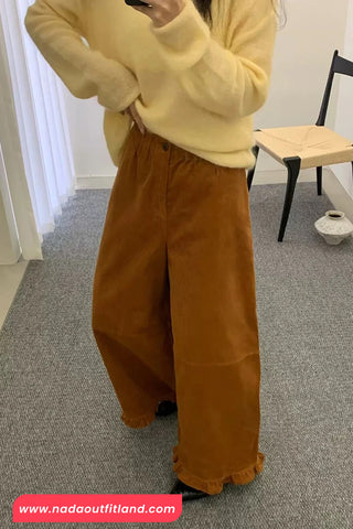 Loose Elastic Waist Ruffled Corduroy Pants