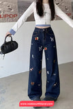 Cute Puppy Pattern Embroidered Retro Jeans Pants