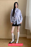 Long Sleeve Vintage Striped Ruffles Irregular Blouse Shirt