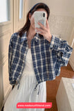 Long Sleeve Loose Drawstring Plaid Blouse Shirt