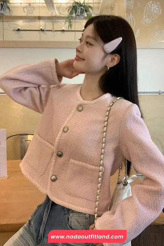 Long Sleeve Retro O-Neck Cropped Pink Tweed Jackets